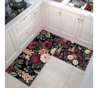 Rétro Campagne Anglaise Tapis de Cuisine 2 pièces, Motifs Pivoine Rose Tapis de Cuisine antidérapant, Rose Clair Tapis de Sol de Cuisine Absorbant l'eau et résistant aux Taches - 40x60+40x120cm