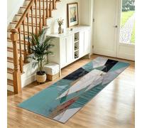 Rétro Géométrique Tapis de Couloir Lavable en Machine, Abstrait Polygones Lignes Tapis Poil Ras, Bleu Moquette Antidérapant Doux pour Entrée Cuisine Chambre Salon, 80x300 cm
