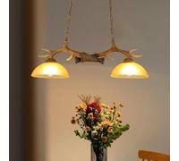 Retro Lampe À Suspension Résine Antlers Lumière Pendante E27x2 Lustres Chaîne Réglable Hauteur Table Chandelier Abat-jour verre Pendentif Lumière Chambre Coucher Salon Bureau Restaurant Plafonnier(C)