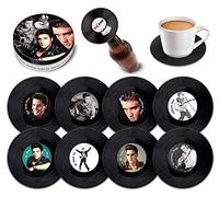 Retro Musique Elvis Presley Lot de 8 mini sous-verres en forme de disque vinyle avec boîte et décapsuleur magnétique