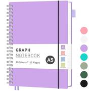 RETTACY Carnet de notes quadrillé 160 pages, format A5 (14,5 x 21 cm), 5 mm par carré, papier épais de 100 g/m², couverture en plastique souple, reliure à spirale, pour l'école, les étudiants, les