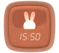 Mob - Réveil et Veilleuse pour Enfant Billy Clock - Motif Lapin - Face Avant Tissu - Cadre Plastique Soft-Touch - Programmation de la Date, de l'Heure et de 3 Alarmes (Marron)