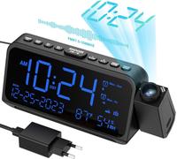 Réveil à projection, idéal pour la chambre, rotatif à 270°, avec 5 niveaux de luminosité, affichage de la température et de l'humidité, double alarme, fonction snooze, port USB-C et veilleuse