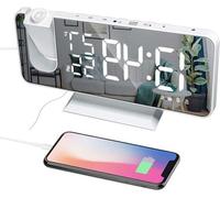 Réveil à projection pivotant à 180°, avec chargeur USB, radio FM, écran Dioptrie de 7,4 pouces, rétroéclairage LED, double haut-parleur, affichage à 4 couleurs - blanc