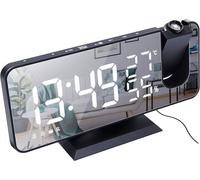 Réveil à Projection pour Chambre à Coucher Grand écran Miroir LED 7,4 '' et Radio-réveil à 4 Gradateurs avec Chargement USB Rotatif