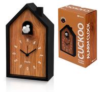Réveil analogique avec figurine de coucou, forme de maison, aspect bois, fonction snooze, 20 cm