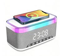 Réveil Bluetooth Digital, Réveil Enceinte Bluetooth avec Chargeur sans Fil 15W, Lumière de Nuit 6 Couleurs, Haut-Parleur Bluetooth, Blanc