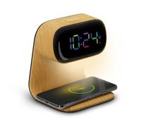 mooov Réveil Affichage Multicouleur Liseuse avec Chargeur Induction 15W - Alimenattion Secteur- Effet Bois