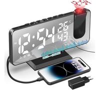Réveil de chevet numérique avec lampe de projection à 180°, affichage 12/24 heures, affichage de la température, 2 alarmes, minuterie de sommeil et port de recharge USB