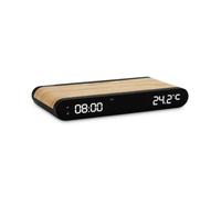 mooov 477349 Réveil Chargeur Induction Smartphone 15 W et Port USB-C avec Ecran LED Numérique - Affichage Température de la Pièce intégrée - Effet Bois