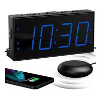 Réveil Extra Fort avec Secoueur de Lit, LED 7'' pour Sourd et Malentendant, Gros Dormeur, Double, Lumineux à 5 Niveaux, Snooze, Charger USB, Variateur d'Intensité, 12/24 H