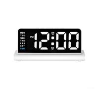 Réveil LED avec grande lecture numérique, suivi du jour et de l'heure, avancement automatique de la date, veilleuse réglable, horloge d'alimentation à brancher (blanc)
