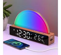 Réveil Lumineux, Lampe avec Simulation de Lever du Soleil, Snooze/6 Sonneries/10 Sons de Sommeil/Minuterie/Affichage Température, Lampe Atmosphère avec 7 Couleurs Changeantes, Port de Charge