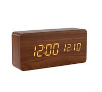 Réveil numérique à affichage LED - Horloge de bureau en bois avec heure, date, température, grand écran, triple alarme, fonction snooze, portable, chambre à coucher, bureau (marron)