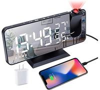 Réveil numérique à projection pour chambre à coucher, réveil radio au plafond, port de charge USB, affichage de la température et de l'humidité, grand écran LED miroir de 18,5 cm, 1224h, rappel