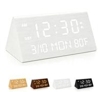 Réveil numérique en bois blanc de qualité supérieure avec chargeur de téléphone, deux ports de charge USB, affichage LED à intensité variable, date, semaine et température, petite horloge de bureau
