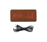 Réveil Numérique en Bois LED Commande Vocale Rectangulaire Brun Rouge