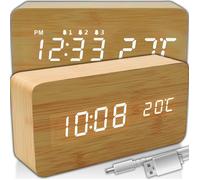 Réveil Numérique Moderne en Bois, Écran LED Moderne, 3 Niveaux De Luminosité De L'écran, USB DC 5v, 4X 1,5V AAA,15x7x4,5 cm