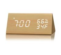 Réveil Numérique, Réveil en Bois avec Affichage électronique de L'heure LED, Détection d'humidité et de Température 3 Réglages D'alarme 3 Niveaux de luminosité Horloge électrique (Couleur bois de