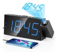 Reveil Projecteur Bleu, 180° Reveil Projecteur Plafond Secteur de Ecran 7" LED, pour Enfants, Gros Dormeur, Reveil Double+Plafond à Pile+Snooze+Luminosité Réglable+Sonnerie Réglable+USB, 12/24H