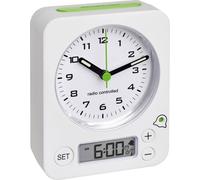TFA Dostmann Réveil Combo, 60.1511.02.04, Horloge Radio-pilotée analogique avec fuseaux, Heure de réveil-numérique, particulièrement réveille-Matin Silencieux, rétroéclairage, Blanc-Vert