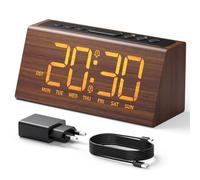 Réveil, Reveil matin Numérique Sur Secteur en Bois (Adaptateur inclus) | 2 Alarms, 9 Mins de Sonnerie, 3 Luminosités + OFF, 4 Volumes Réglables, Port USB, 3 Programmes d'alarme, 12/24H, DST Manuel