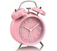 Réveil rose à double cloche, extra fort Fonctionne à piles avec veilleuse, horloge de chevet vintage en métal pour filles, adolescentes et femmes
