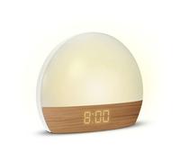 mooov 477356 Réveil simulateur d'aube Lumiere Progressive sur Secteur - Luminothérapie Eclairage Blanc ou Couleur - Charge Port USB-A - Effet Naturel Bois