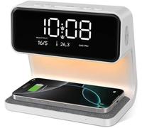 Réveils numériques avec lumière - Recharge sans fil 15 W - Veilleuse à intensité réglable -tactile - Minuterie 12/24 heures - Pour adultes et enfants - Blanc