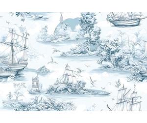 ReWallpaper Papier Peint Toile De Jouy Bleu Blanc Vinyle Adhesif Meuble pour Armoire Mur Buanderie 44.5CMx3M Papier Peint Autocollant Salle De Bain avec Motif Voiliers Paysage Bleu