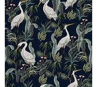 ReWallpaper Papier Peint Vintage Feuillage Vert Foncé Bleu Marine Papier Peint Jungle Tropicale Adhésif Mural Décoratif Autocollant Animaux Blanc Rouleau Vinyle Adhesif Motif Grue 44.5cm×3m
