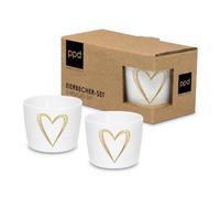 ReWu Lot de 2 coquetiers en porcelaine en forme de cœur - Blanc et doré | Porcelaine mate avec motif cœur, diamètre supérieur 5,2 cm, diamètre inférieur 4 cm, hauteur 4,8 cm, idée cadeau pour les