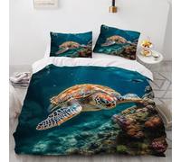 RFFLUX 3D Tortue De Mer Housse de Couette 200x200 cm 2 Personne 3 Pièces Microfibre Ultra Doux Océan Parure de Lit avec Fermeture éclair avec 2 Taies d'Oreillers 50x75 cm（Style 225-12）