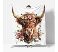 RFFLUX 3D Vache De Highland Couverture 100x130 cm 1 Personne Douce et Chaude Plaid Couverture Fleurs Vaches Blanket en Microfibre Flanelle Canapé La Chambre Jete de lit（Style 218-12）