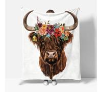 RFFLUX 3D Vache De Highland Couverture 100x130 cm 1 Personne Douce et Chaude Plaid Couverture Fleurs Vaches Blanket en Microfibre Flanelle Canapé La Chambre Jete de lit（Style 216-14）