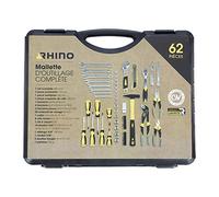 RHINO - Ensemble d'outils - Mallette à outils 62 pièces - Coffret d'outils : clés, pinces, tournevis, cutter liquet, douilles, marteau, embouts de vissage - Chrome vanadium - Garantie 5 ans