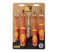 RHINO - Jeu de 4 Tournevis isolés 1000V, tournevis d'électricien (2 x Plat & 2 x Cruciforme) + 1 Tournevis testeur de tension - Lame Chrome Vanadium - Garantie à vie - Lot de tournevis électricien