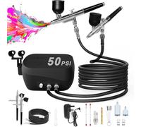 rhinowisdom Kit aérographe, pistolet à air 50 PSI et compresseur d'air avec double flux d'air, 2 aérographes avec buse de 0,2/0,3/0,5 mm, idéal pour le modelage, la peinture, les ongles, le maquillage