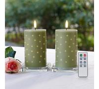 Rhytsing Lot de 2 bougies LED en fibre optique vert sauge avec télécommande, Bougies de Noël à piles en véritable cire, Bougies de l'Avent avec 6 AA piles incluses - H 12,5 cm