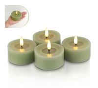 Rhytsing Lot de 4 bougies votives vert olive sans flamme avec minuteur, bougies LED en cire véritable au design en surface réfléchissante en cire d'huile pour le printemps et l'été - D7cm x H3cm