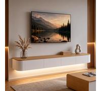 Ribanedy Meuble TV Suspendu Moderne avec éclairage LED | Console multimédia de Divertissement Murale | Grand Banc de Rangement pour TV, adapté au Salon et au Bureau (Blanc Bois, 220 cm)