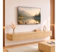 Ribanedy Meuble TV Suspendu Moderne | Console multimédia de Divertissement Murale | Grand Banc de Rangement pour TV pour Salon et Bureau (Bois, 200cm)