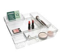 Ribech Lot de 12 Boîtes de Rangement pour Tiroirs, 4 Tailles avec Points Antidérapants, Organisateur Empilable Transparent pour Maquillage, Cuisine, Salle de Bain & Bureau