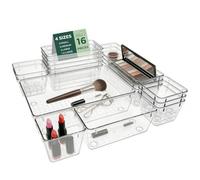Ribech Lot de 16 Boîtes de Rangement pour Tiroirs, 4 Tailles avec Points Antidérapants, Organisateur Empilable Transparent pour Maquillage, Cuisine, Salle de Bain & Bureau