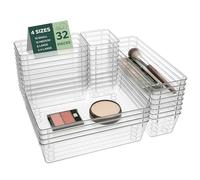Ribech Lot de 32 Boîtes de Rangement pour Tiroirs, 4 Tailles avec Points Antidérapants, Organisateur Empilable Transparent pour Maquillage, Cuisine, Salle de Bain & Bureau