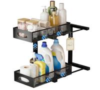 Ribech Organisateur INOX Métallique 2 Étages à Tiroirs Coulissants - Rangement Réglable en Hauteur avec 4 Ventouses, pour Évier, Salle de Bain & Cuisine, Noir