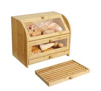 Ribelli Boîte à pain en bambou avec 2 étages et tiroir, grande boîte à pain avec planche à découper le pain, boîte à pain en bois avec couvercle, rangement alimentaire