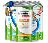 Ricaria Clima 3-en-1 - Recharge Climatisation Auto R134a avec Huile et Stop-Fuite + 4X R134a 235 g + Tuyau - Lot pour Remplissage Autonome de Climatisation Automobile