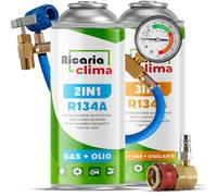 Ricaria Clima - Kit de Remplissage de Climatisation avec Gaz de Remplacement R134a et 1 x Réfrigérant 3-en-1 avec Additif d'Étanchéité et Huile, Flexible pour Remplissage et Adaptateur HP/LP