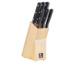 RICHARDSON SHEFFILED - Bloc avec 6 couteaux de cuisine : Office, steak, utile, chef, découper et pain - Cucina - Acier 13 C finition satinée manche POM 3 rivets - 19.5 x 17.5 x 7 cm - Noir/Bois